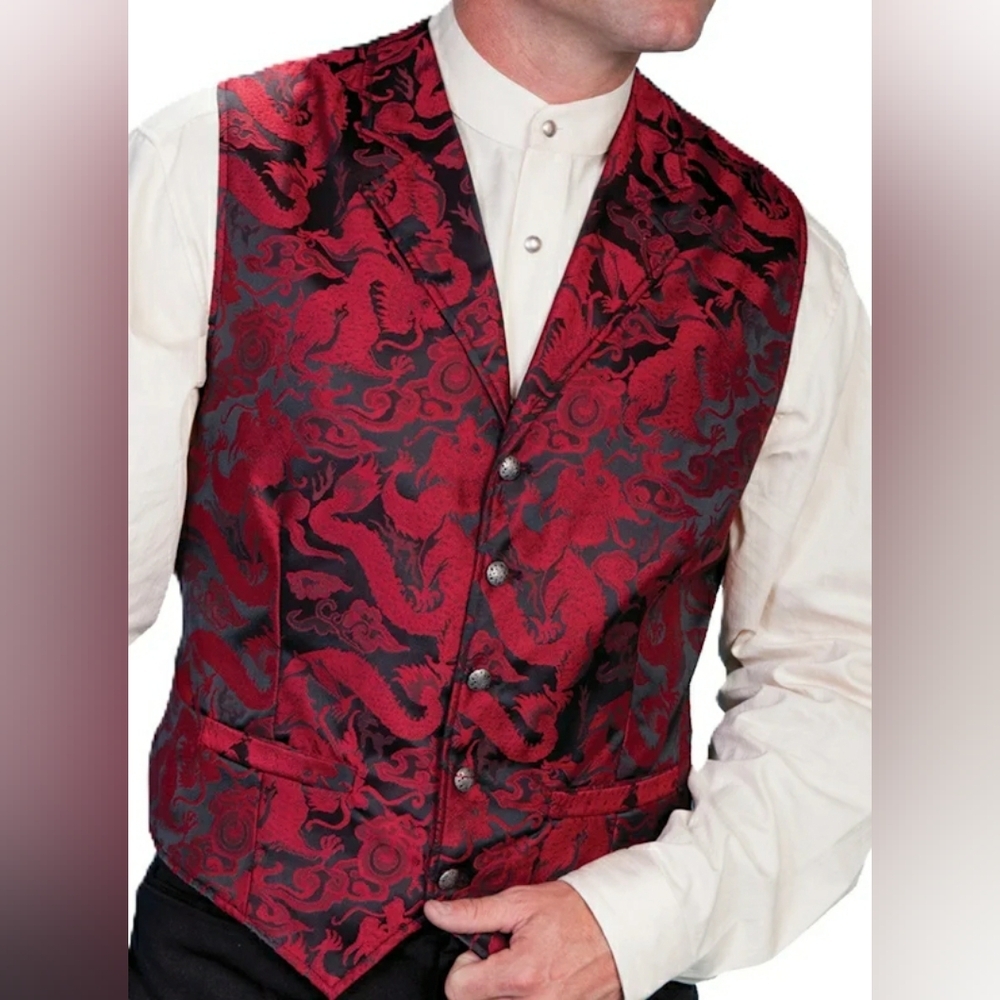 Wah Maker Frontier Vest- Red and Black Brocade Dragon Print - Picture 16 of 16